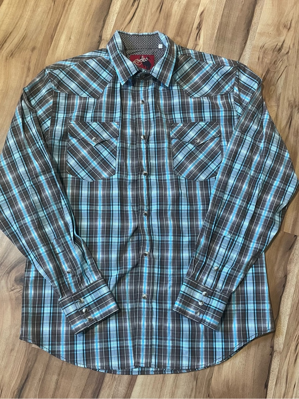 Rodeo Men’s Blue & Brown Plaid Western Cowboy Pearl Snap Button Up Shirt Sz L
